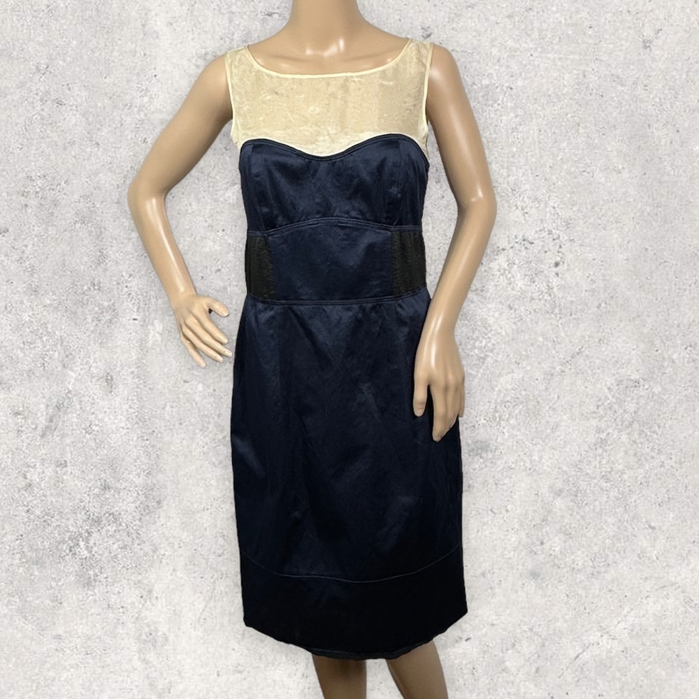 Reiss 100% Silk Illusion Dress Size 6 Sheath Navy Blue Back Zipper Professional
